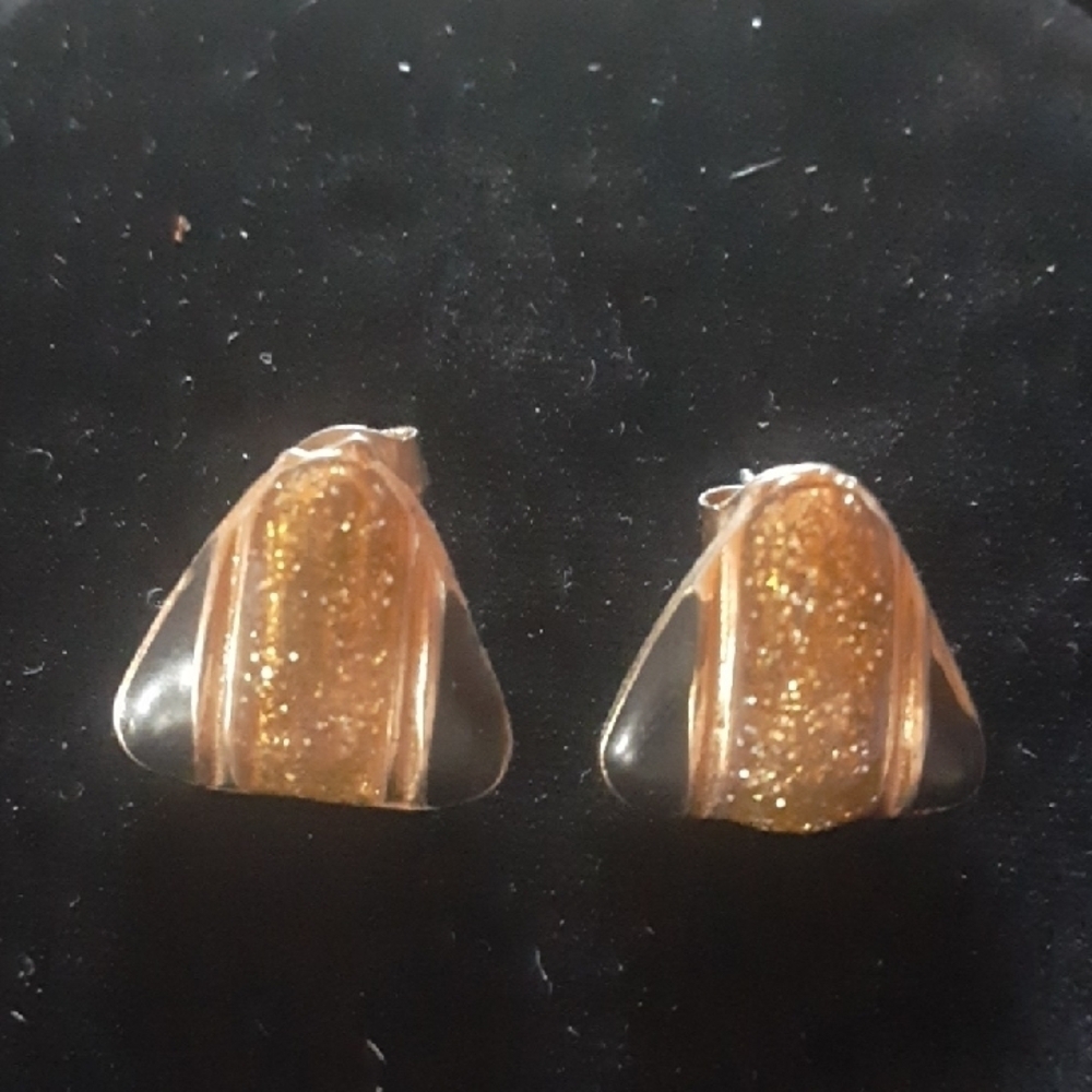 Gold Tone Glitter Triangle Earrings